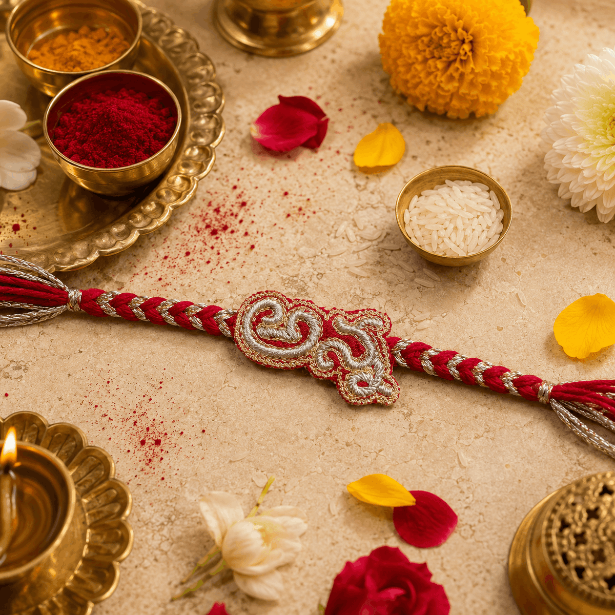 Anna (in Telugu) Hand Embroidered Rakhi | Red & Silver | Anchor, Wool and Metallic Thread