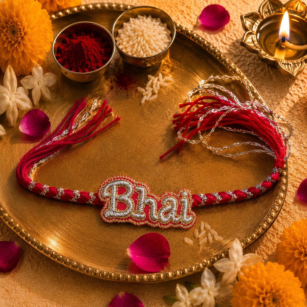 Bhai (in English) Hand Embroidered Rakhi | Red & Silver | With Roli Chawal | Handwork Rakhi