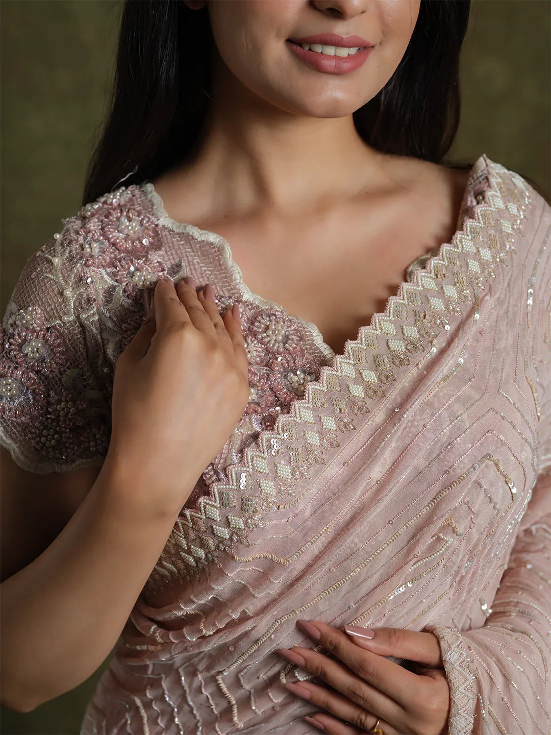 Classy Nude Pink Hand Embroidered Saree