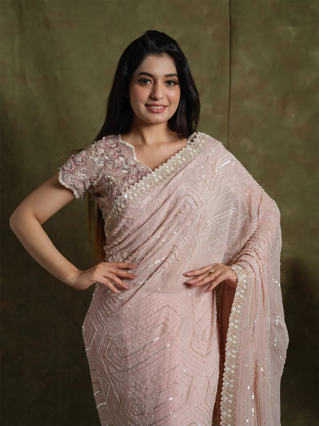 Classy Nude Pink Hand Embroidered Saree