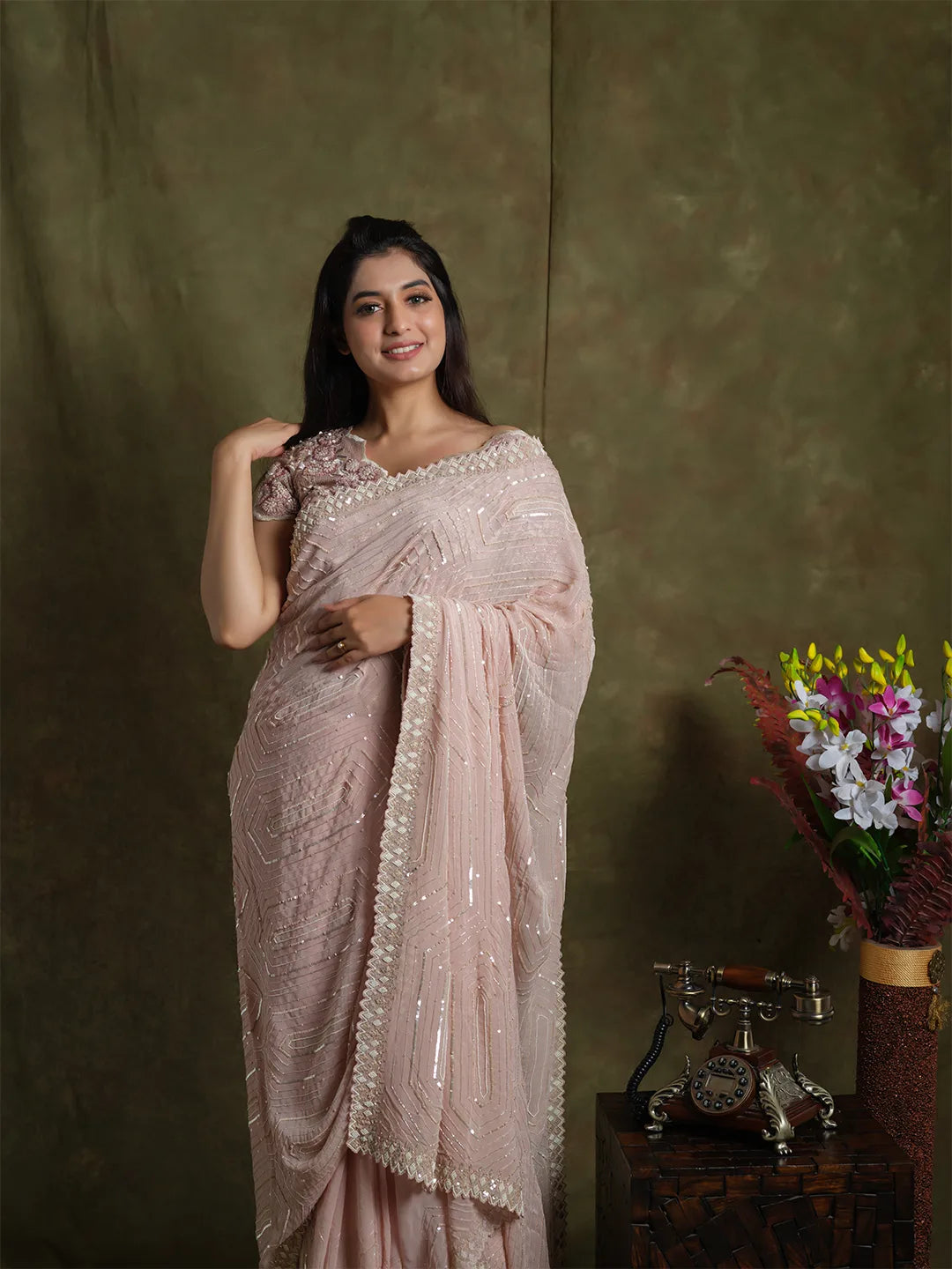 Classy Nude Pink Hand Embroidered Saree