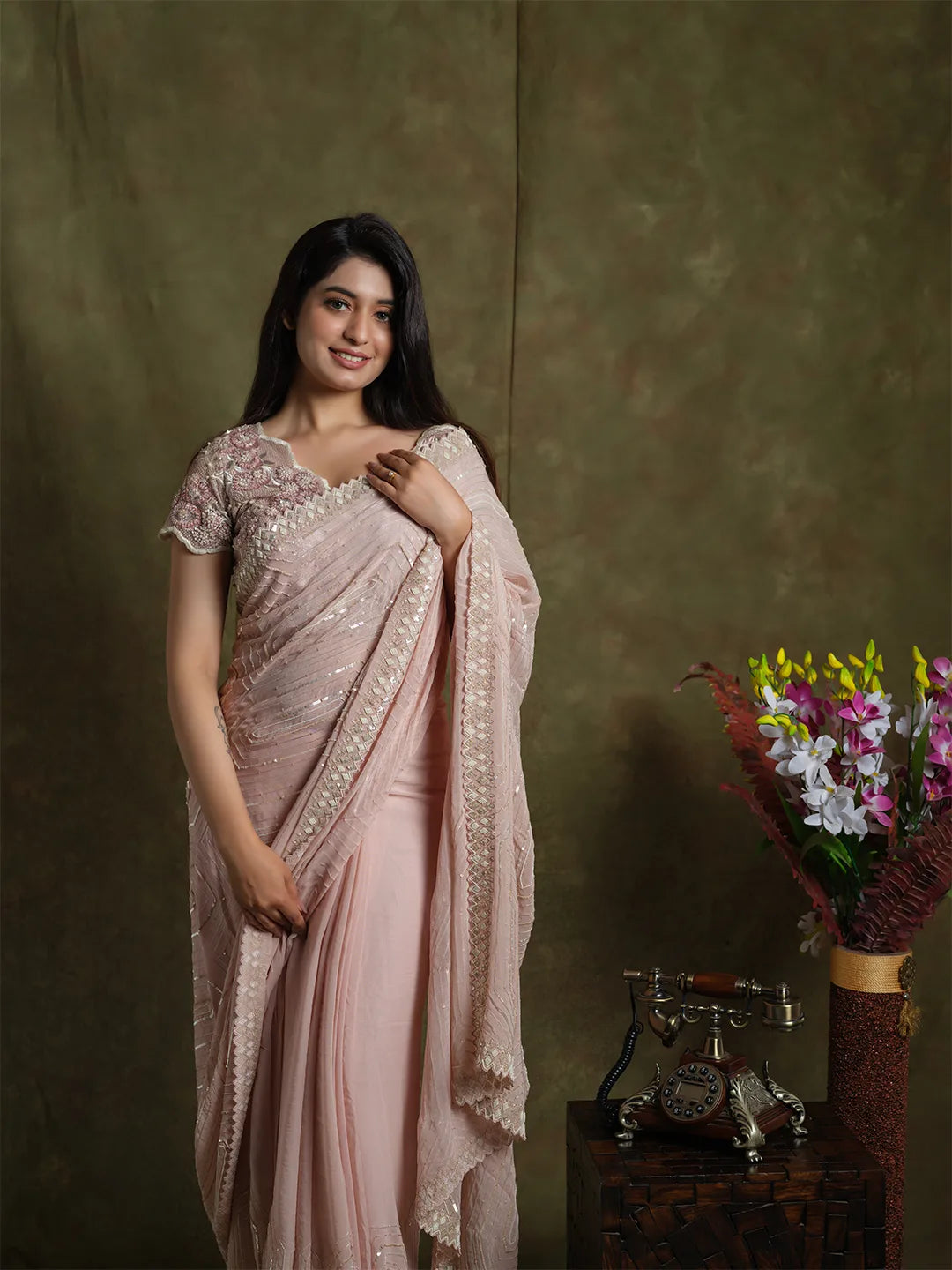 Classy Nude Pink Hand Embroidered Saree