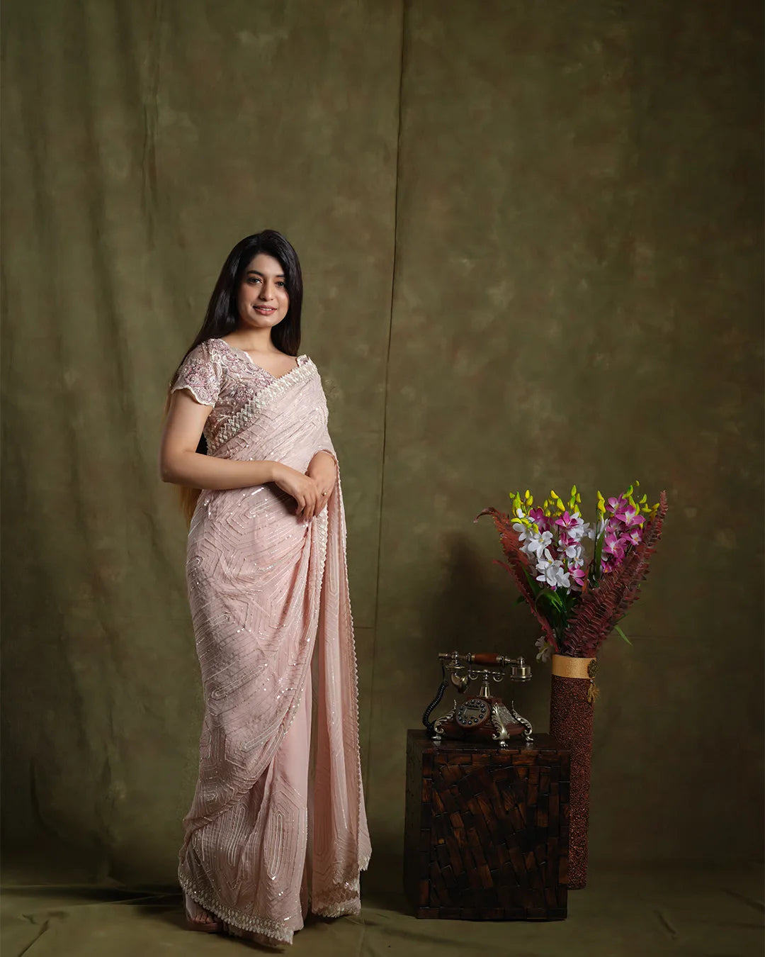 Classy Nude Pink Hand Embroidered Saree