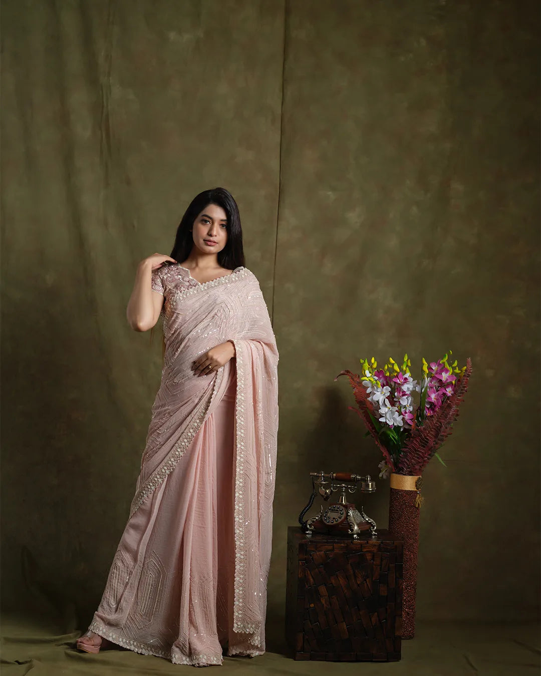 Classy Nude Pink Hand Embroidered Saree
