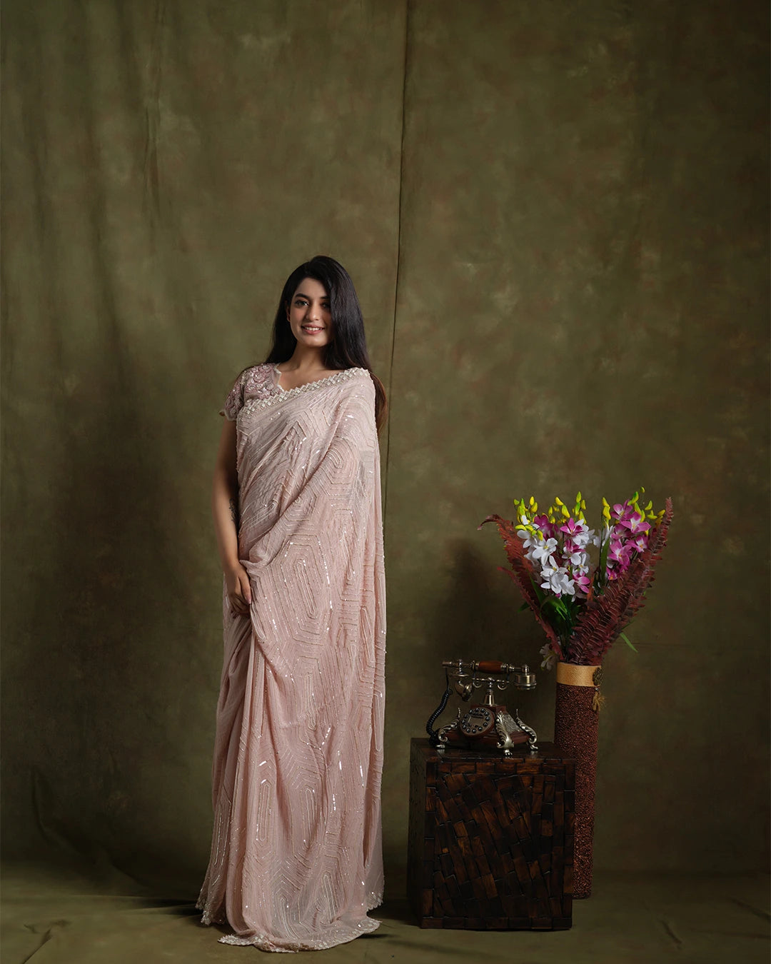 Classy Nude Pink Hand Embroidered Saree