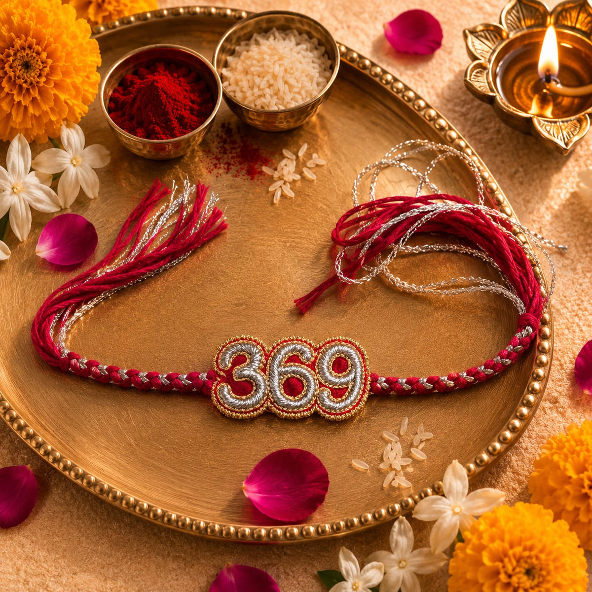 Custom Name and Lucky Number Hand Embroidered Rakhi | Red & Silver | With Roli Chawal | Handwork Rakhi