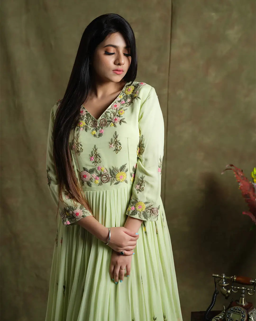 Graceful Pastel Green Embroidered Gown
