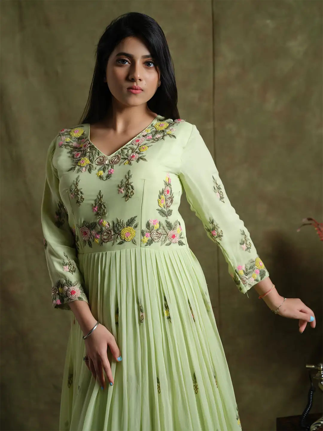 Graceful Pastel Green Embroidered Gown