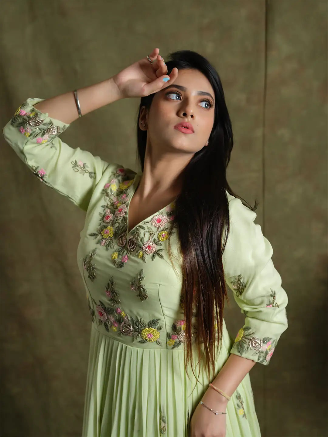 Graceful Pastel Green Embroidered Gown