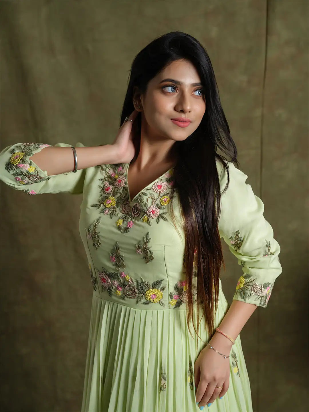 Graceful Pastel Green Embroidered Gown