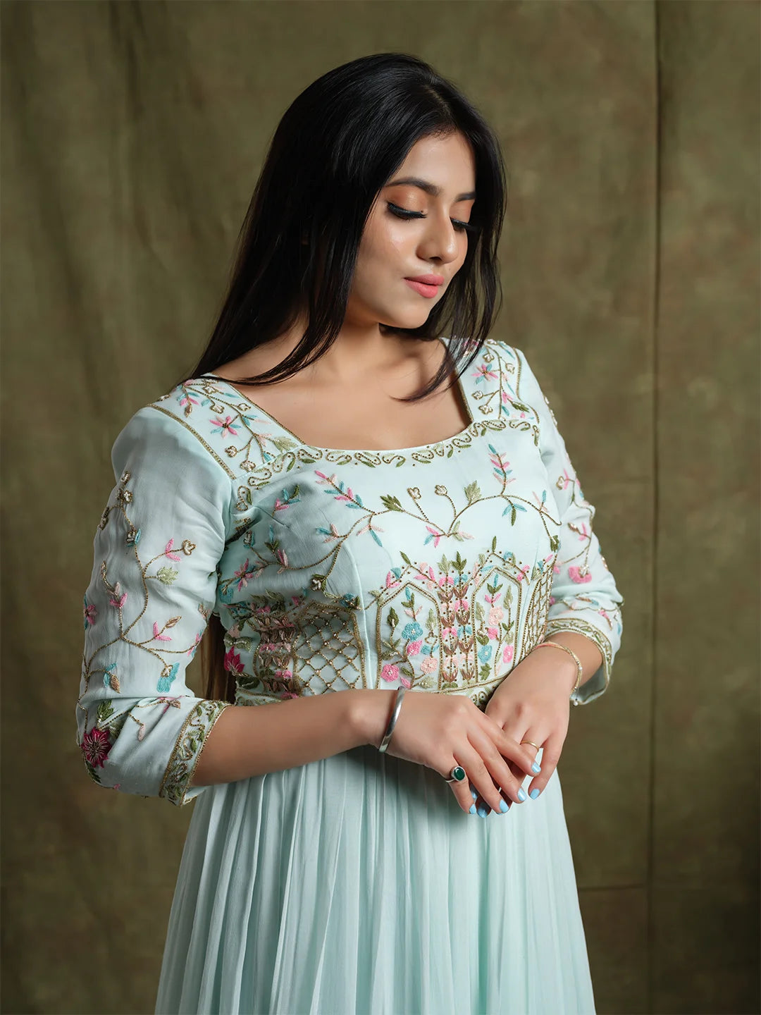 Ice Blue Hand Embroidered Gown