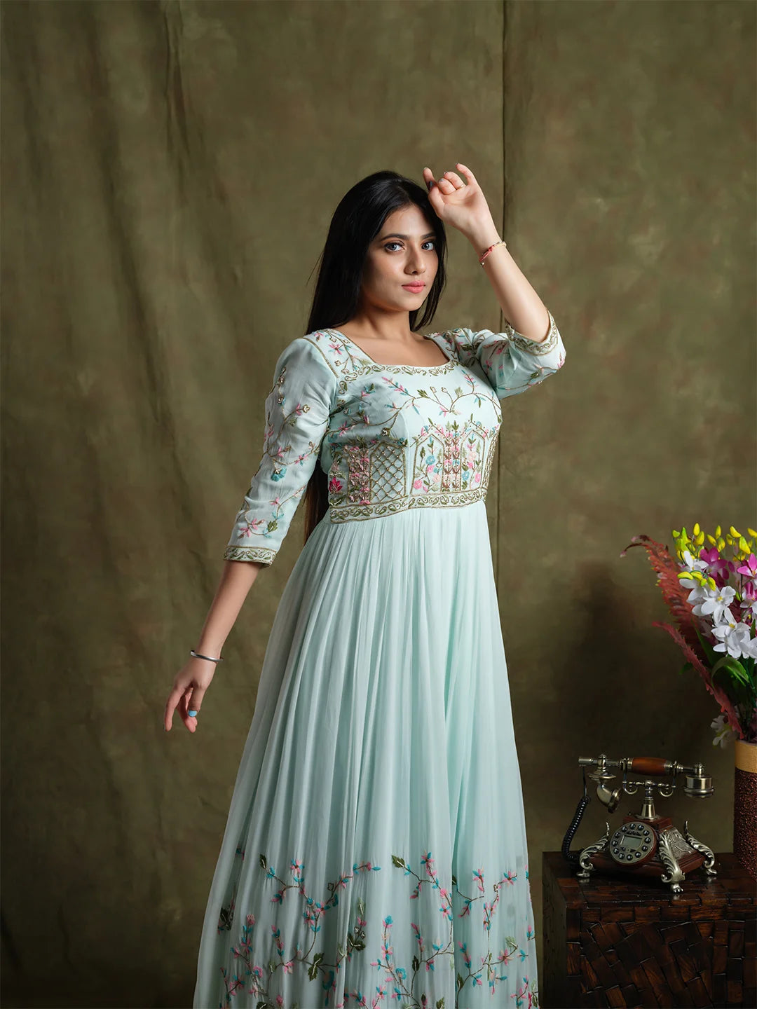 Ice Blue Hand Embroidered Gown