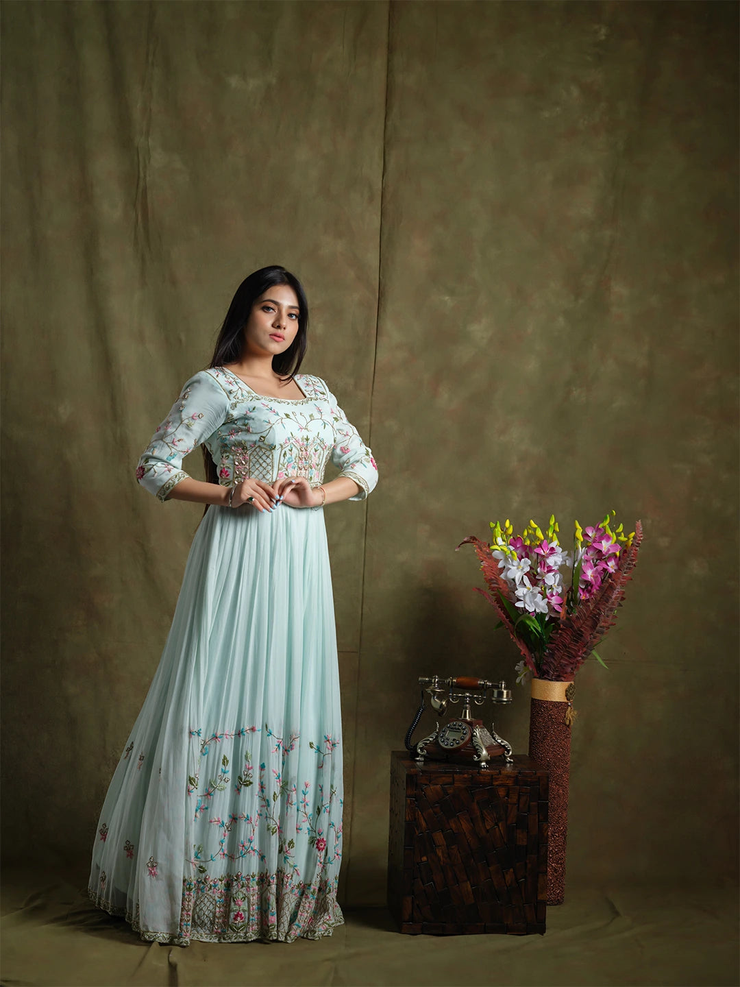 Ice Blue Hand Embroidered Gown