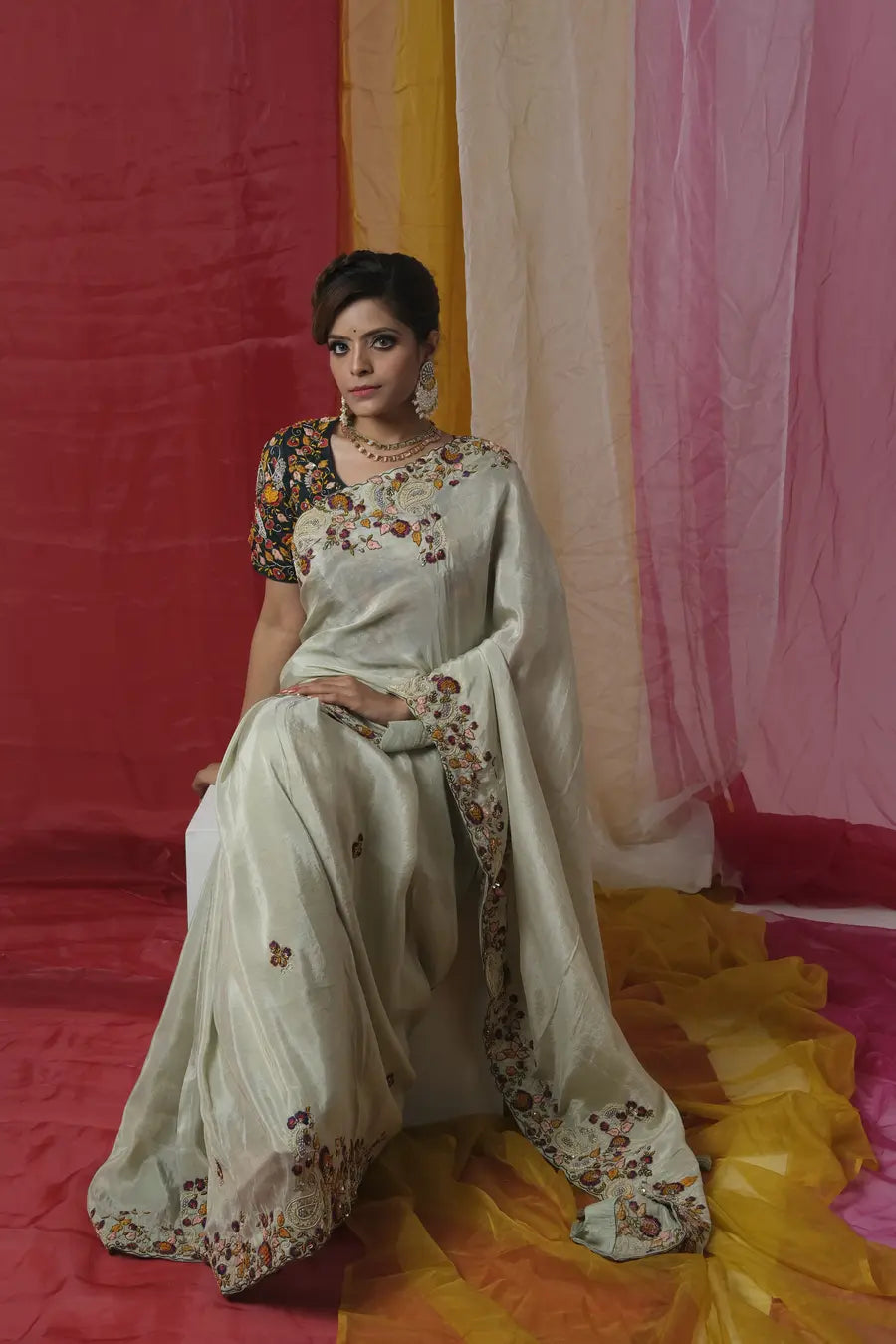 Pastel Green Saree With Zardozi Embroidery