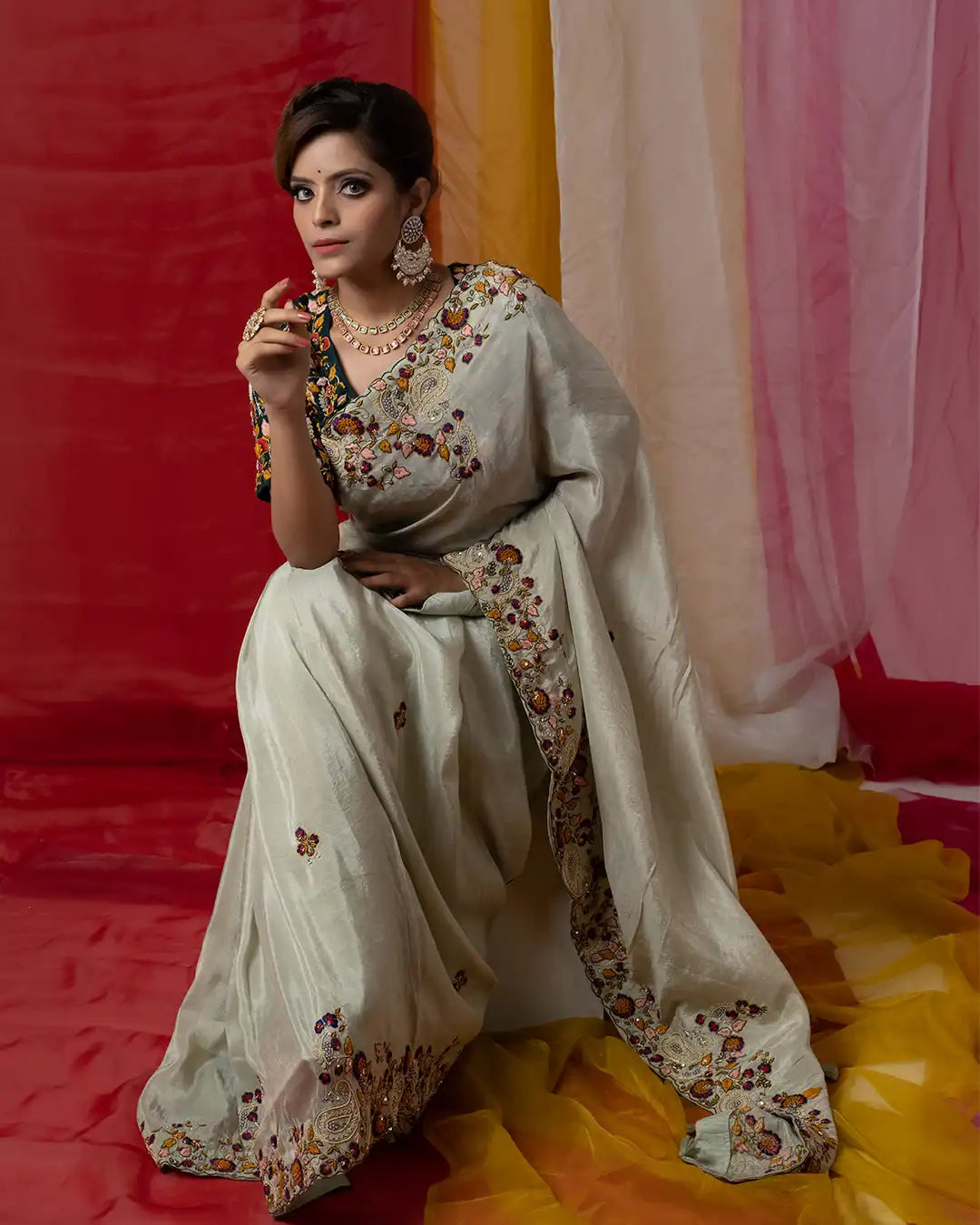 Pastel Green Saree With Zardozi Embroidery