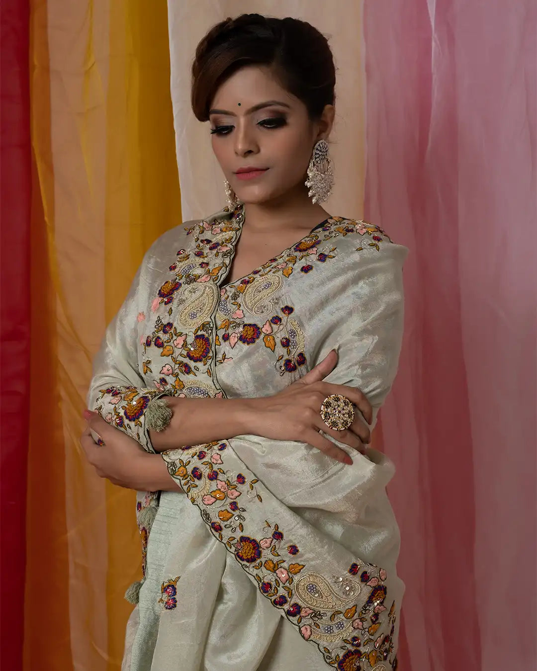 Pastel Green Saree With Zardozi Embroidery