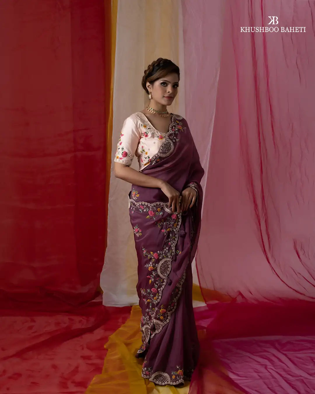 Pastel Pink Blouse and Iris Purple Saree With Zardosi Embroidery