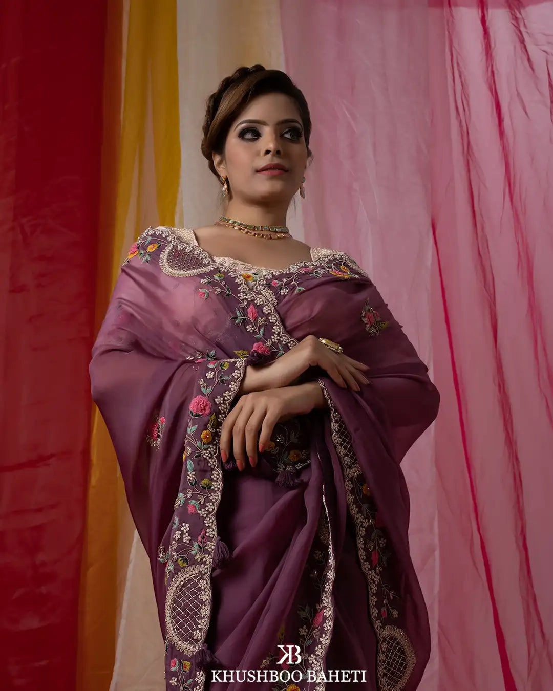 Pastel Pink Blouse and Iris Purple Saree With Zardosi Embroidery
