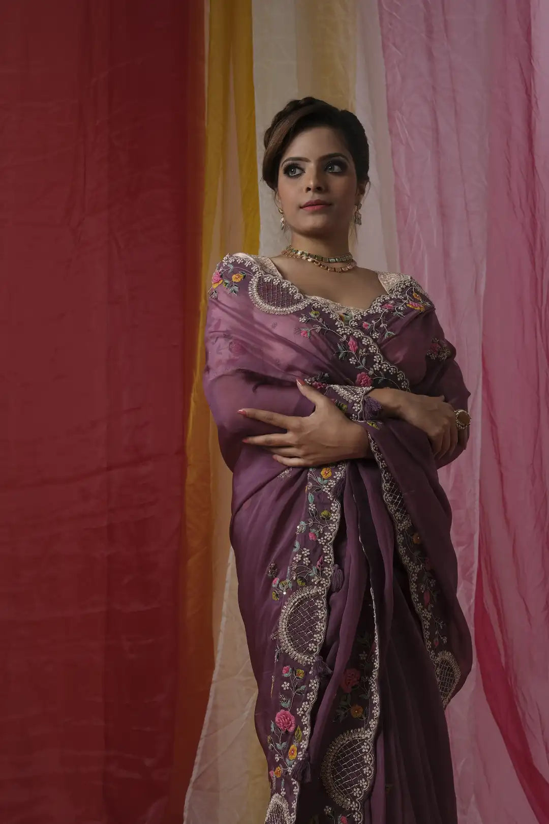 Pastel Pink Blouse and Iris Purple Saree With Zardosi Embroidery
