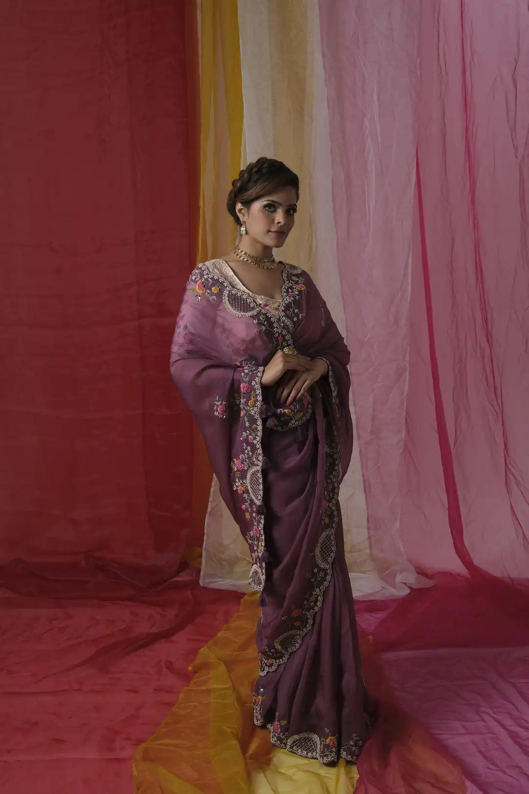 Pastel Pink Blouse and Iris Purple Saree With Zardosi Embroidery