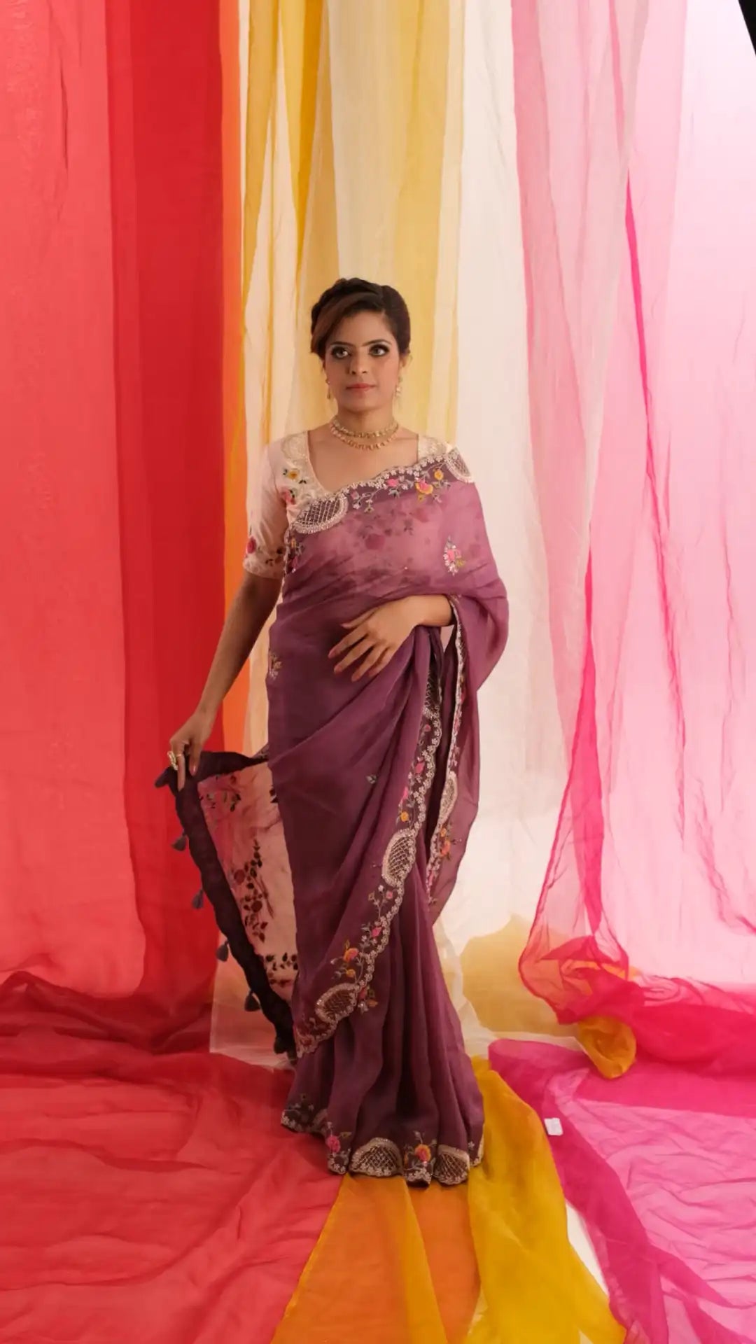Pastel Pink Blouse and Iris Purple Saree With Zardosi Embroidery