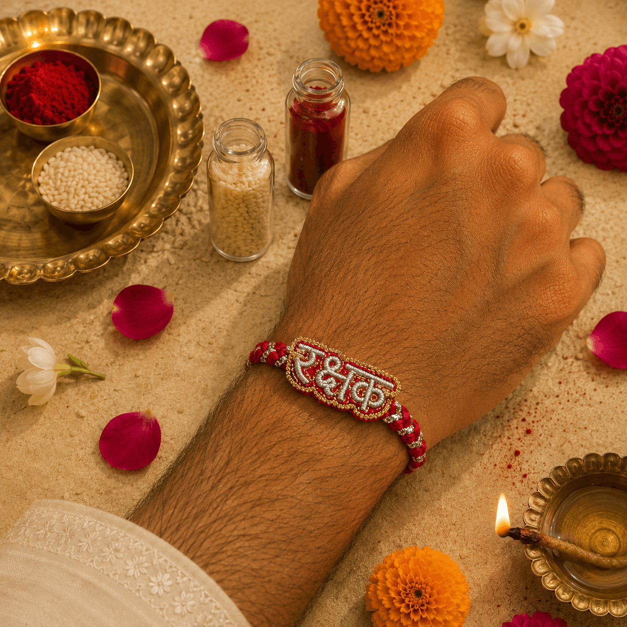 Rakshak (in Hindi) Hand Embroidered Rakhi | With Roli Chawal | Handwork Rakhi