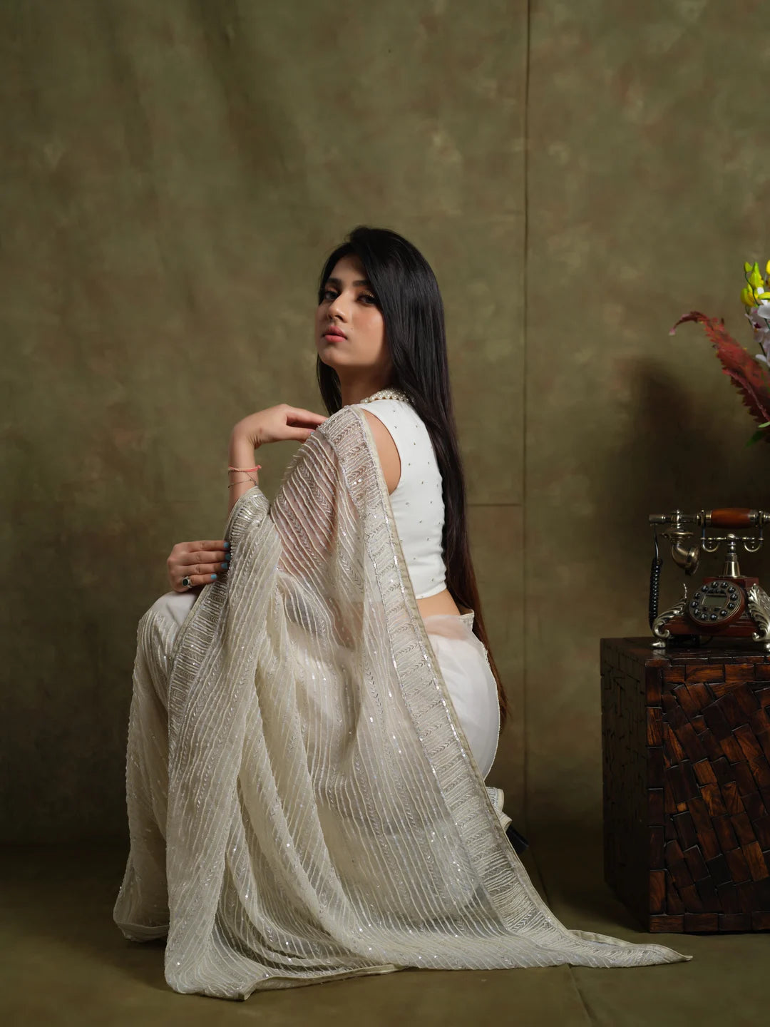 Whispering Pearls: Luxurious Handcrafted Saree