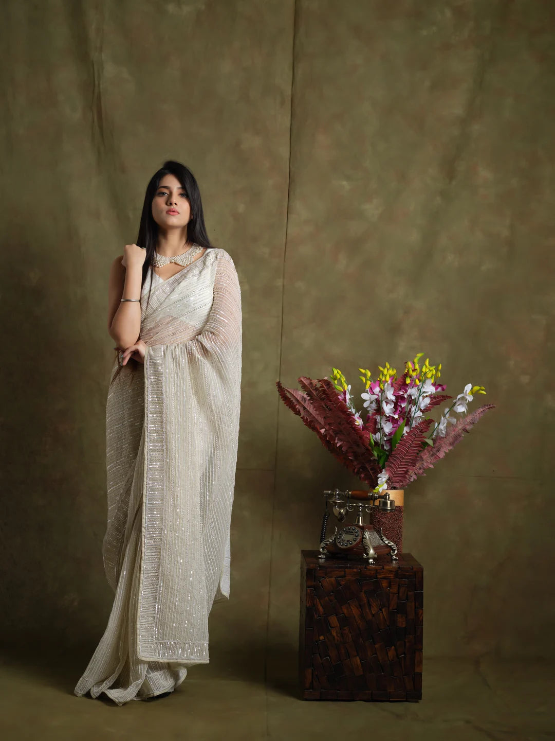 Whispering Pearls: Luxurious Handcrafted Saree
