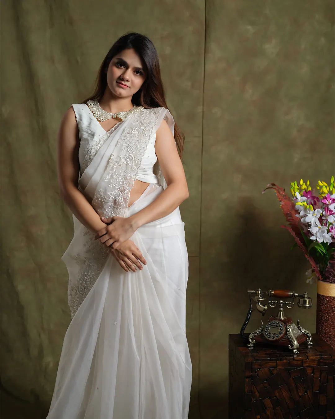Whispering Petals: Floral Embroidered White Organza Saree