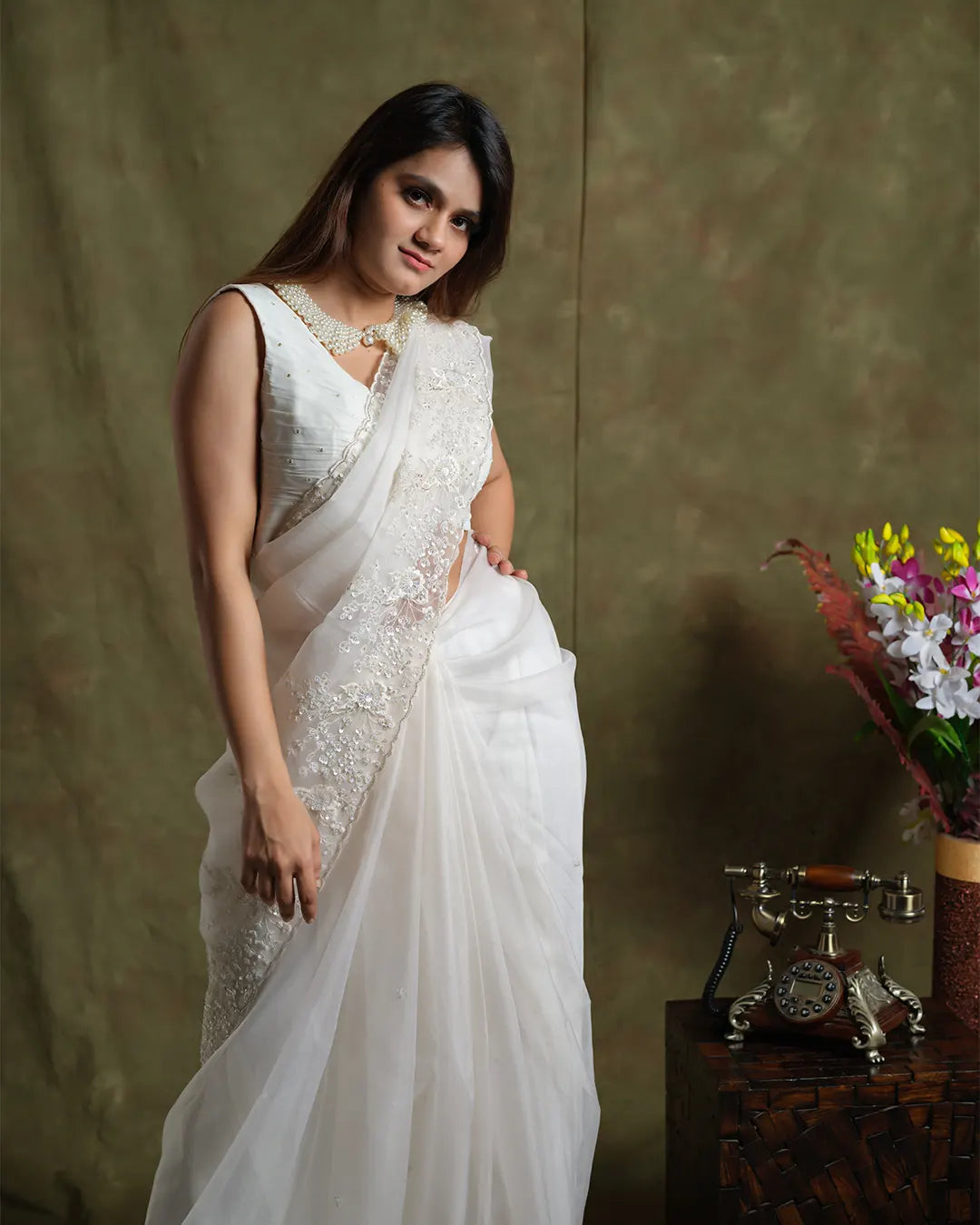 Whispering Petals: Floral Embroidered White Organza Saree