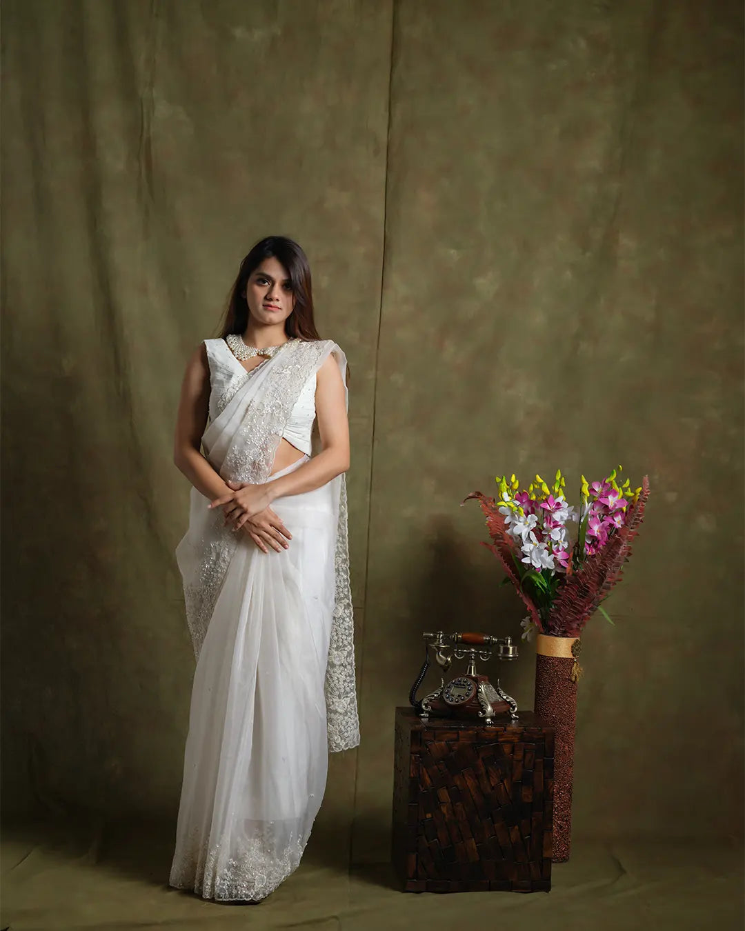 Whispering Petals: Floral Embroidered White Organza Saree
