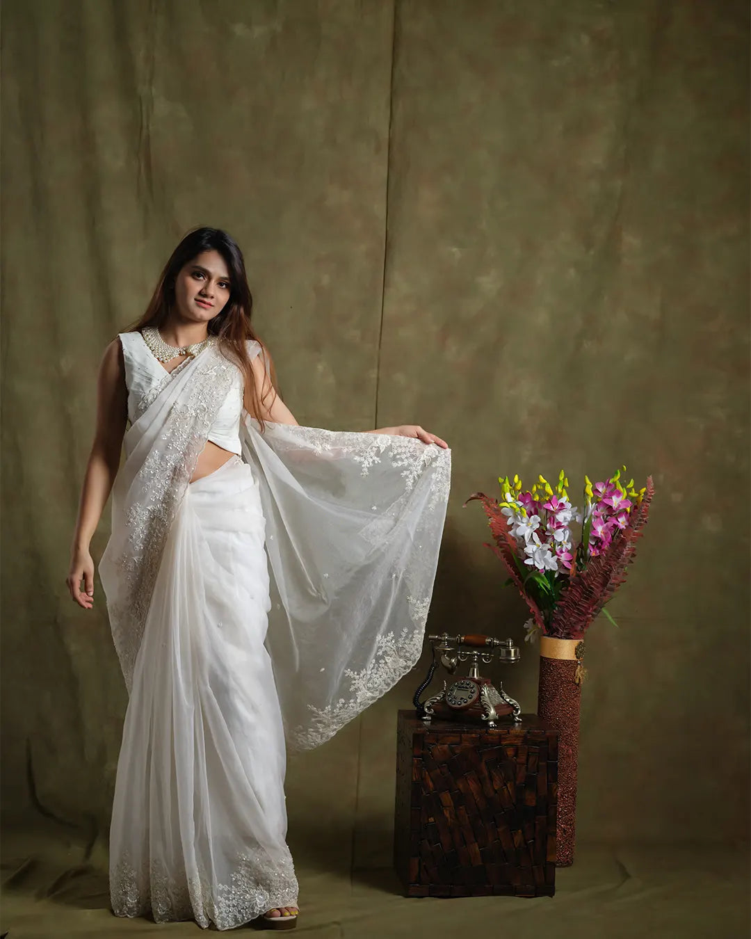 Whispering Petals: Floral Embroidered White Organza Saree