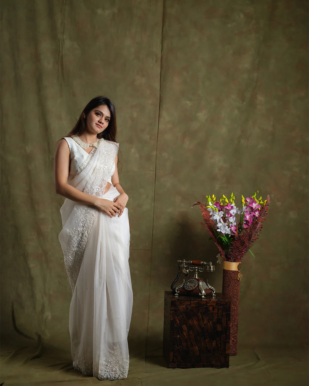 Whispering Petals: Floral Embroidered White Organza Saree