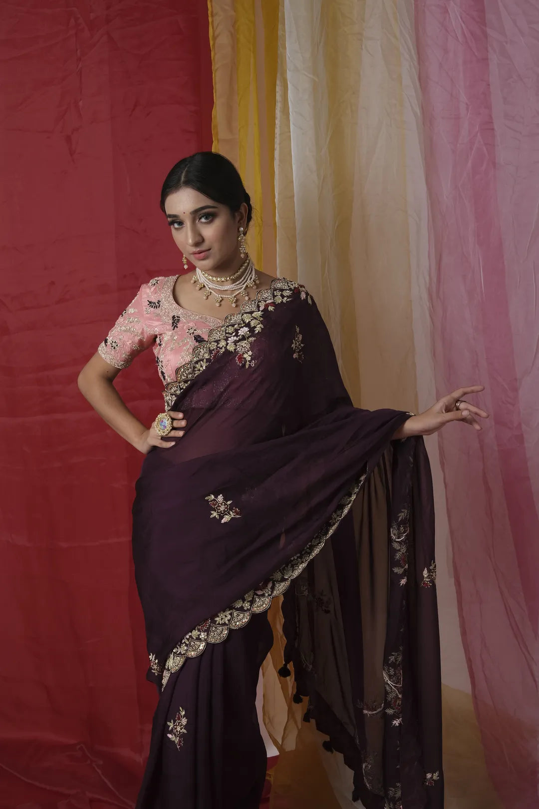 Wine Color Saree With Zardosi Embroidery