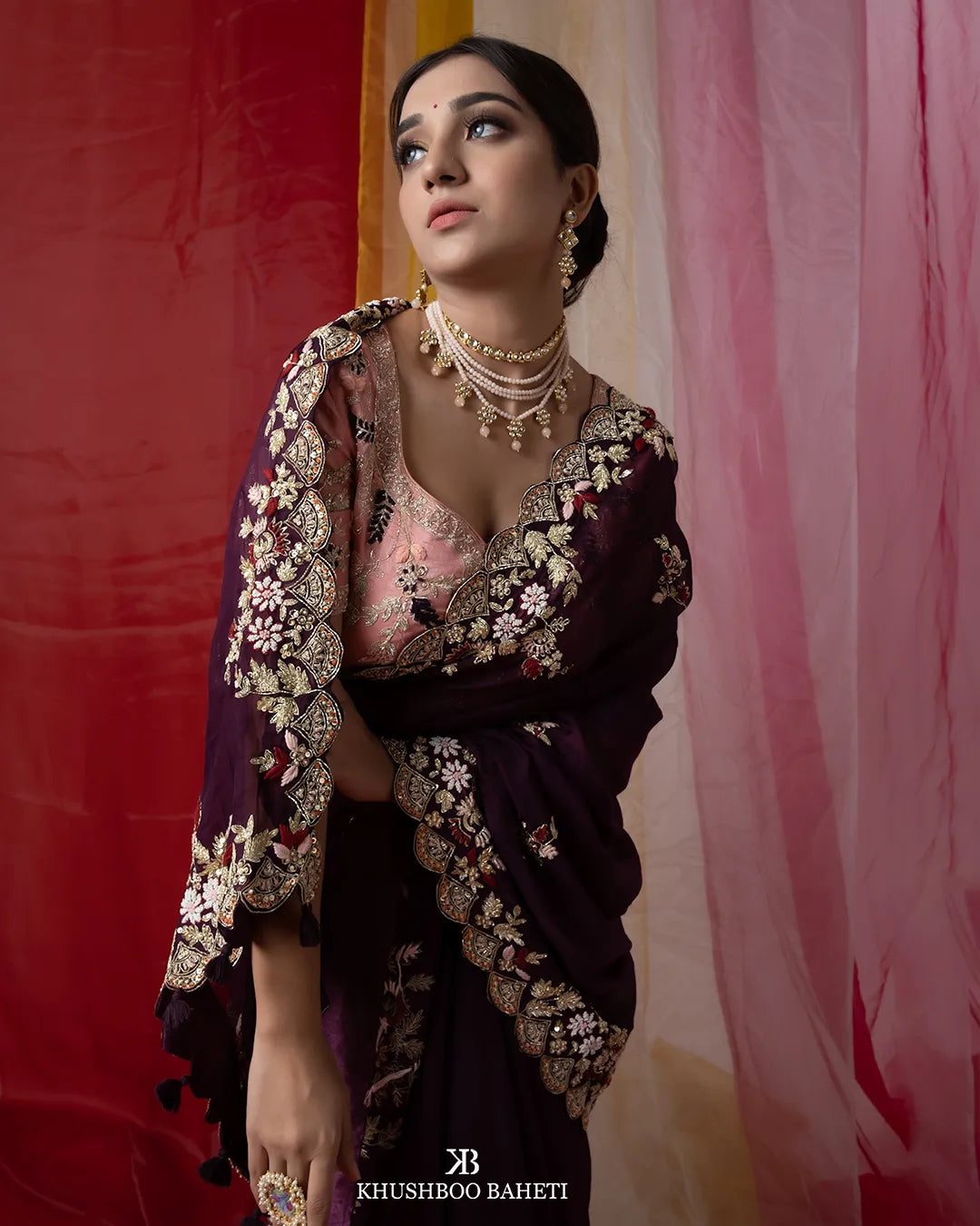 Wine Color Saree With Zardosi Embroidery