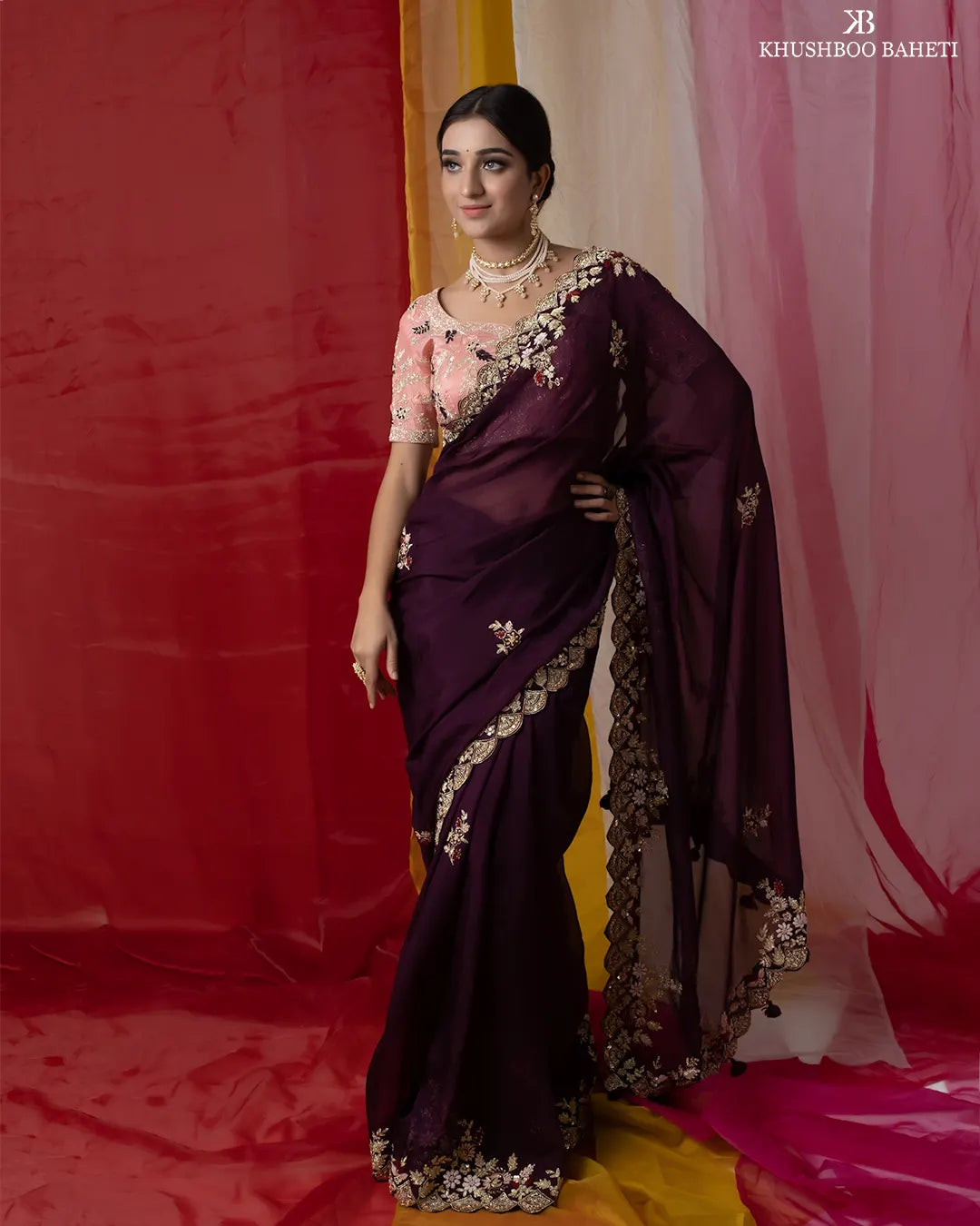 Wine Color Saree With Zardosi Embroidery