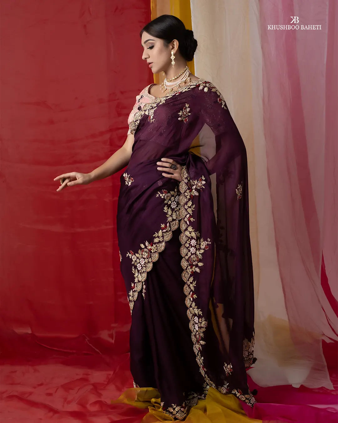 Wine Color Saree With Zardosi Embroidery