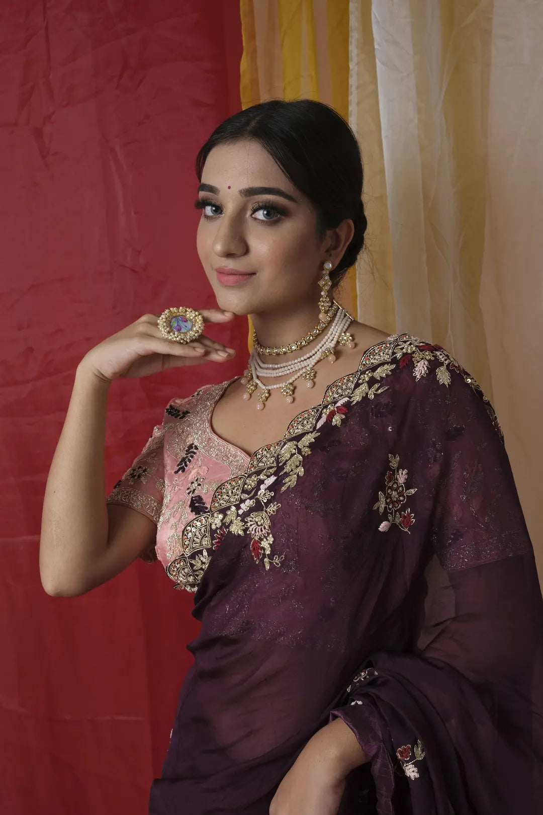 Wine Color Saree With Zardosi Embroidery