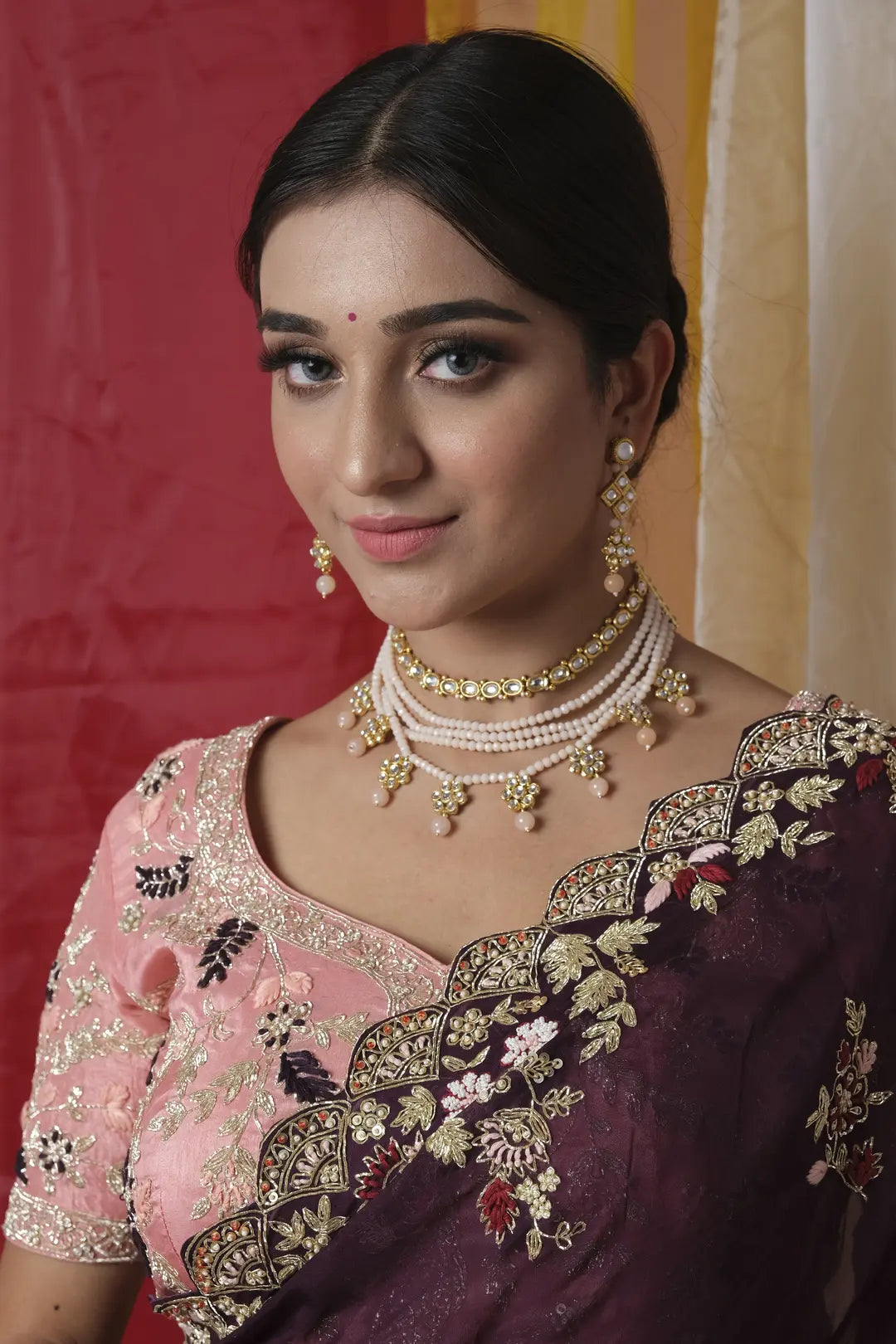 Wine Color Saree With Zardosi Embroidery