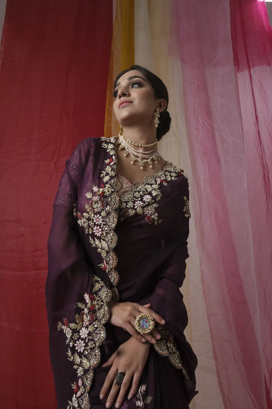 Wine Color Saree With Zardosi Embroidery
