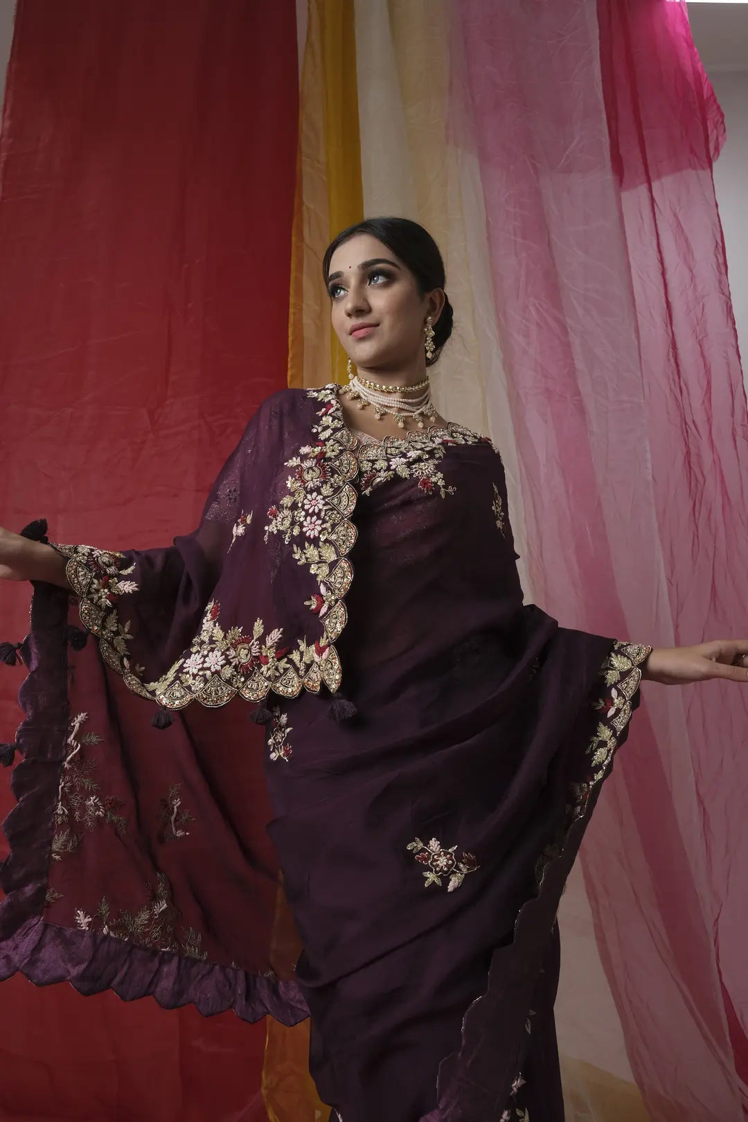 Wine Color Saree With Zardosi Embroidery