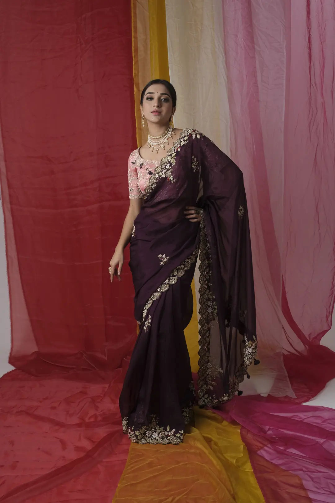 Wine Color Saree With Zardosi Embroidery