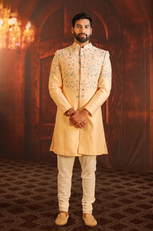 Peachy Paradise - Embroidered Wedding Sherwani Set