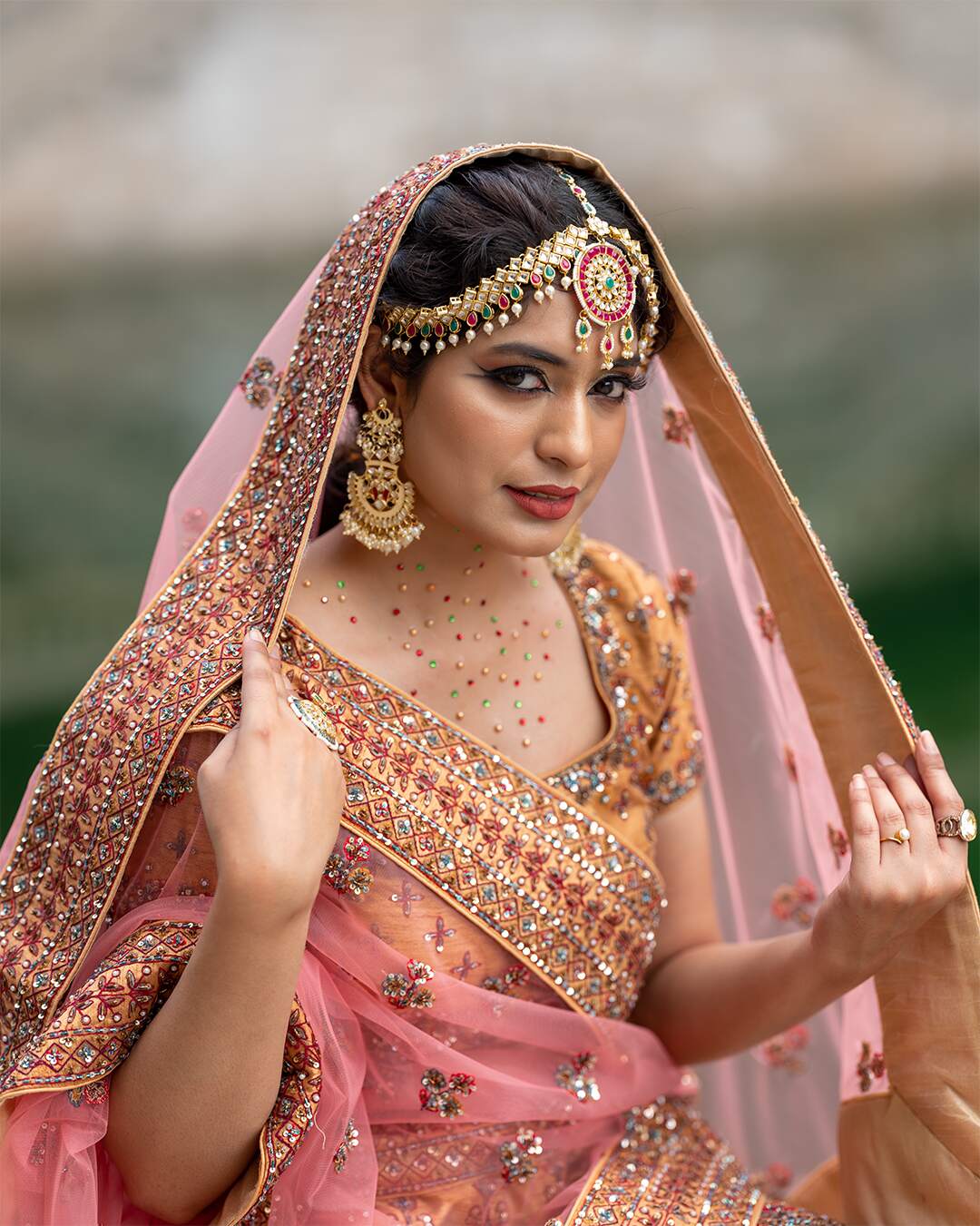 Almond Gold Bridal Lehenga Set With Multicolor Hand Embroidery