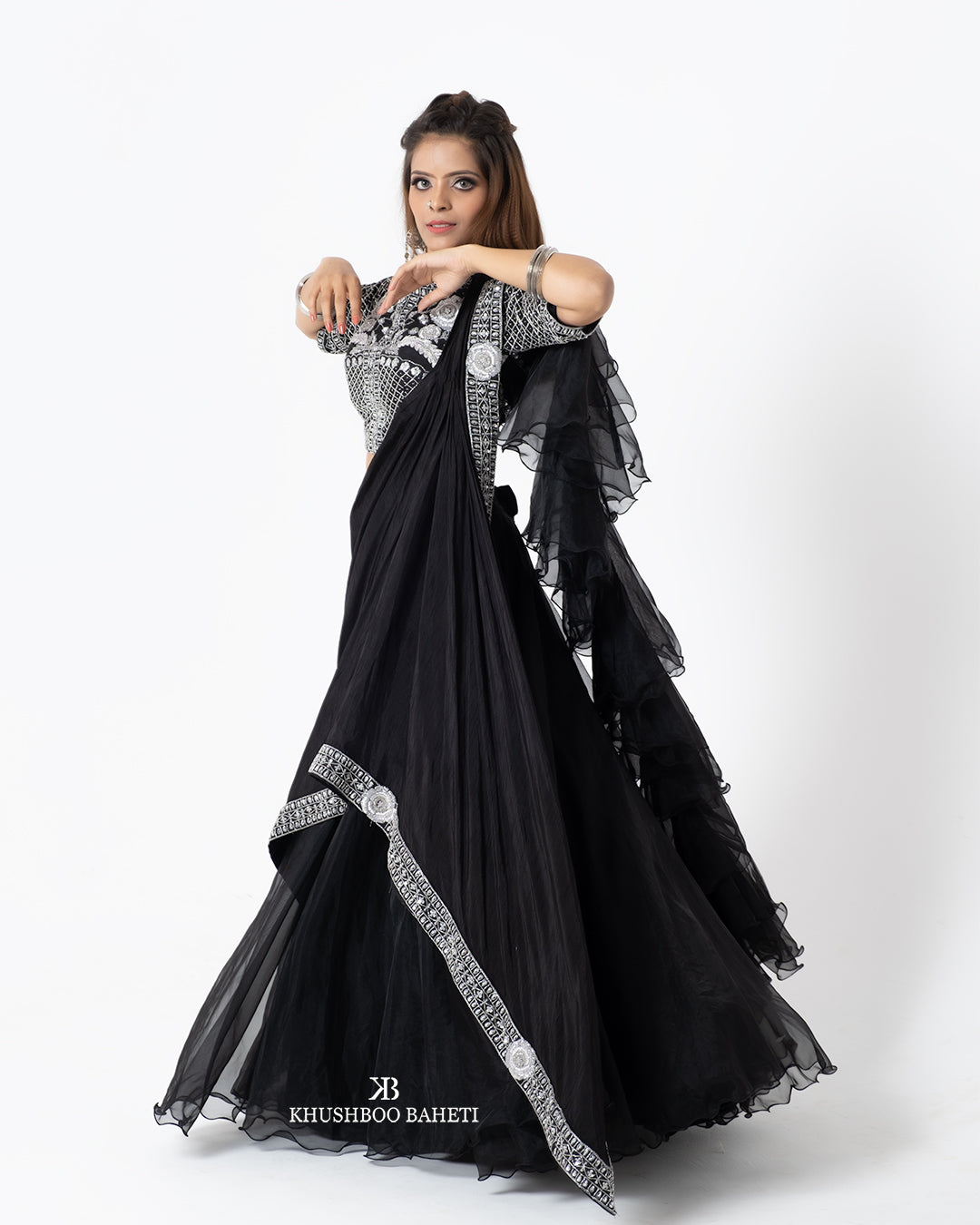 Black Hand Embroidered Drape Lehenga Set