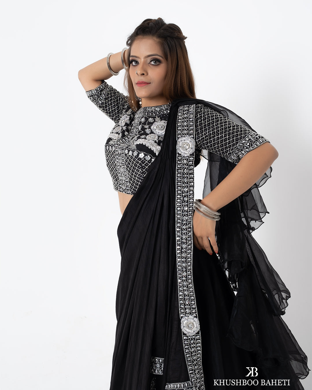 Black Hand Embroidered Drape Lehenga Set