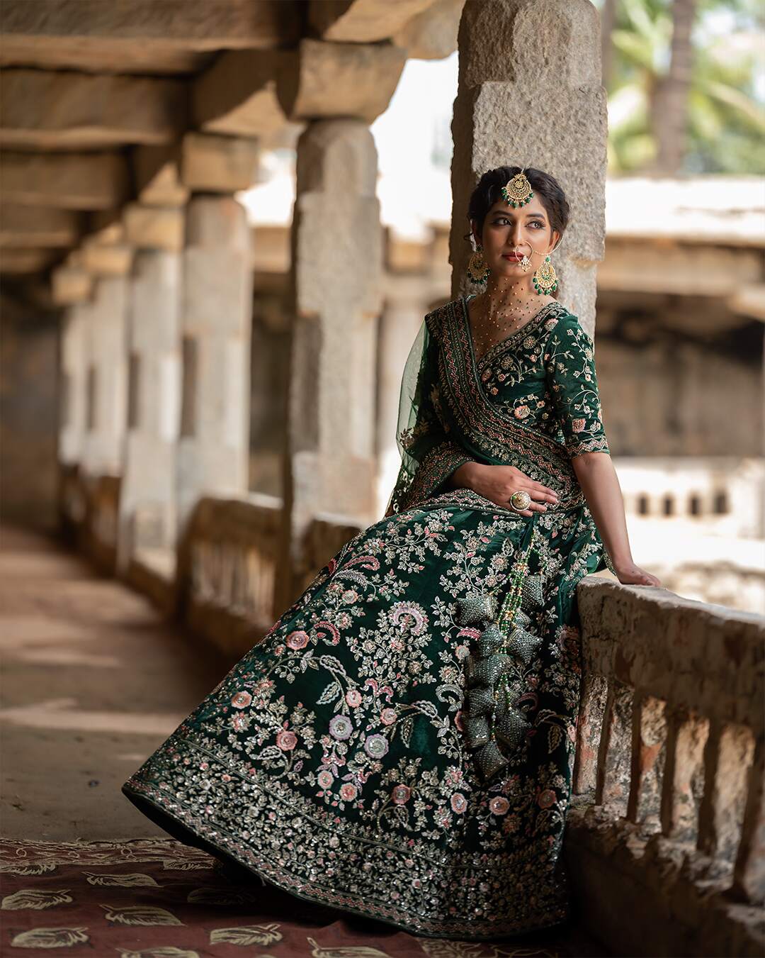 Bottle Green Velvet Mehndi Lehenga Set With Floral Hand Embroidery