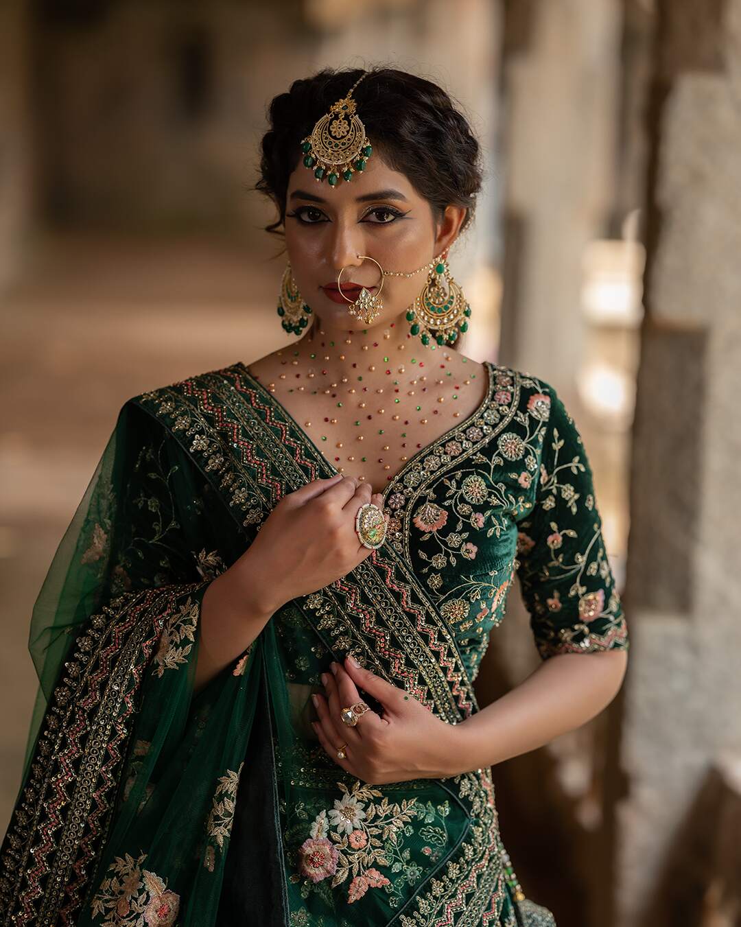 Bottle Green Velvet Mehndi Lehenga Set With Floral Hand Embroidery