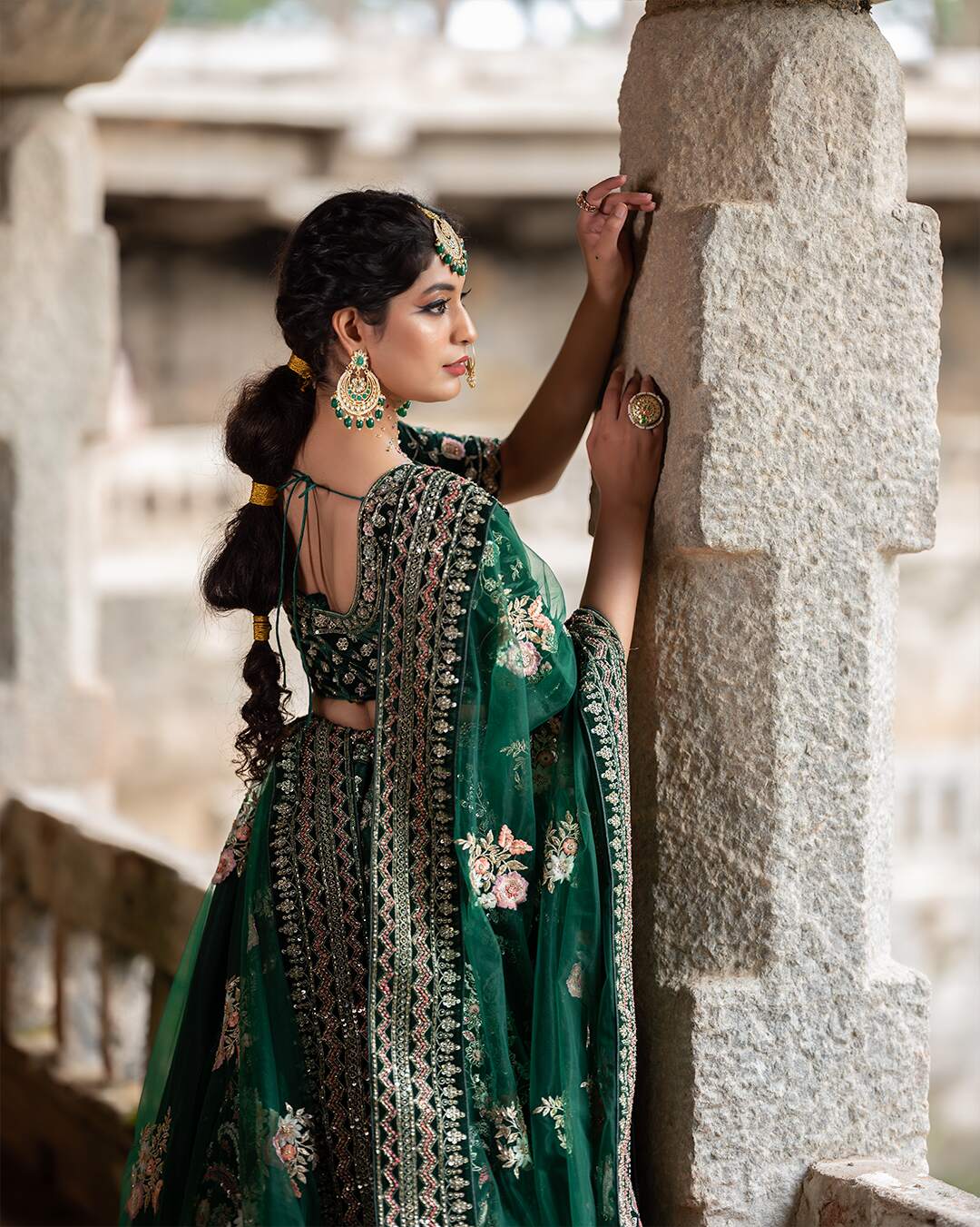 Bottle Green Velvet Mehndi Lehenga Set With Floral Hand Embroidery