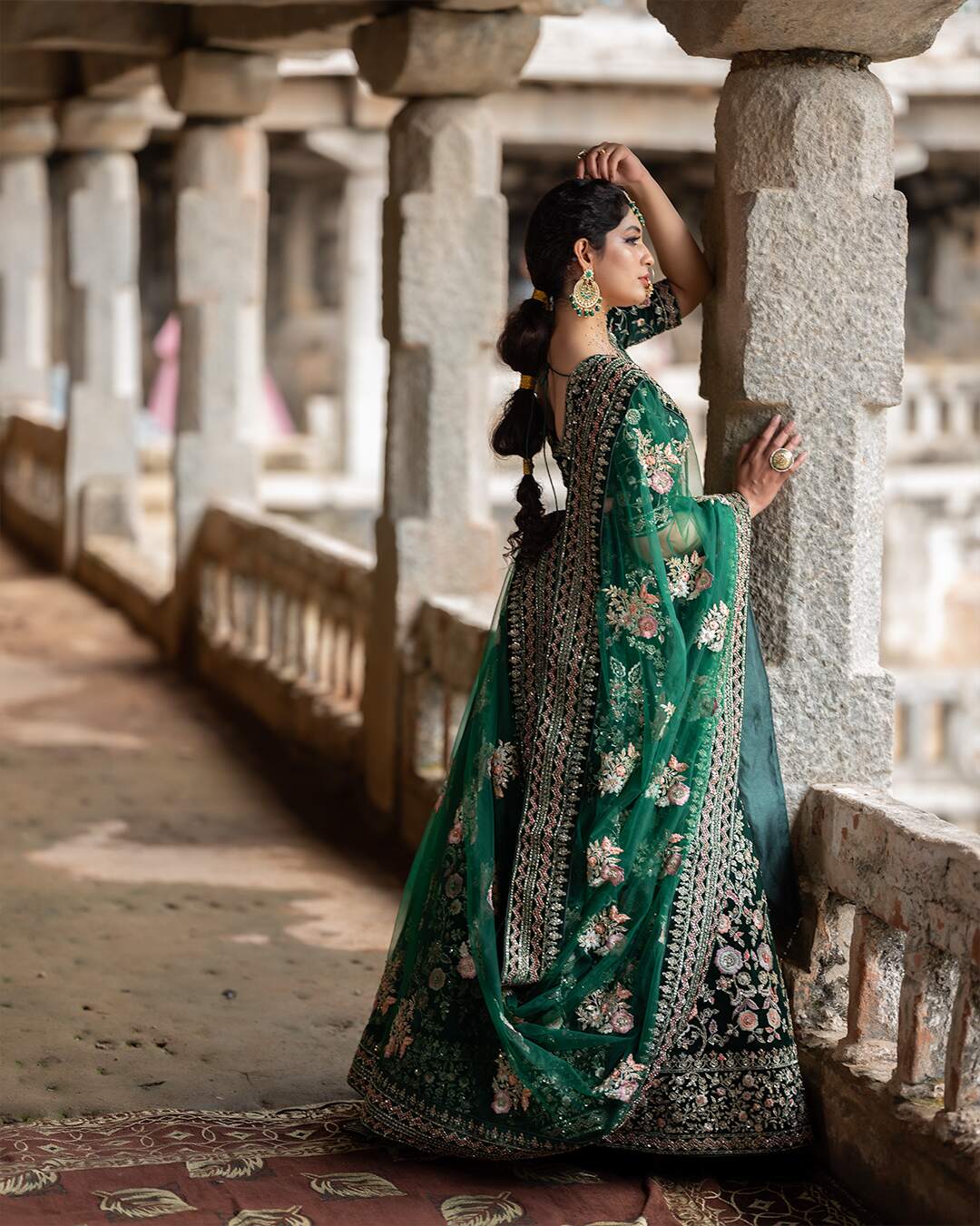 Bottle Green Velvet Mehndi Lehenga Set With Floral Hand Embroidery